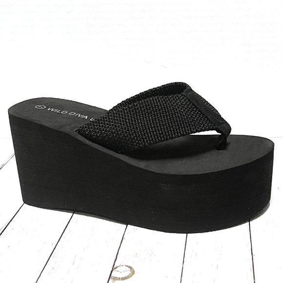 Restocked Black Foam Platform Wedge Flip Flop Sandals - Picture 2 of 9